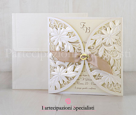 Partecipazione Elegante Taglio Laser Oro e Avorio