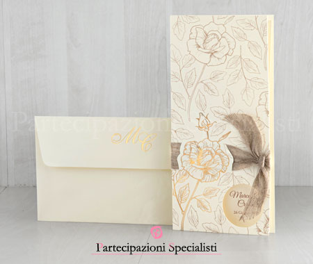 Partecipazione matrimonio elegante con rose dorate