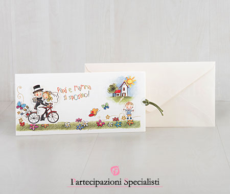 Partecipazioni con figli e sposi in bicicletta