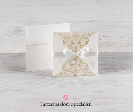 Partecipazioni matrimonio eleganti Taglio Laser, fiori Bianchi