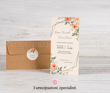 Partecipazione Matrimonio Floreale con Tag e Busta Kraft